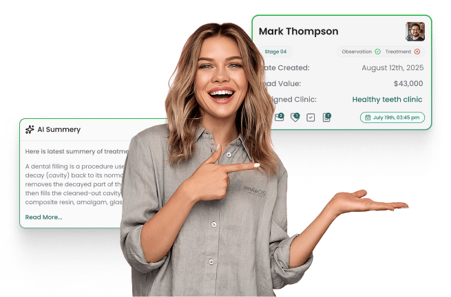 SmileOS in action - Woman presenting patient data and AI summary